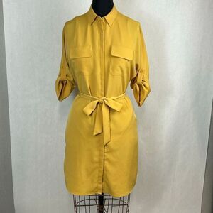 Express Belted Shirt Dress Sz Small Button Front Roll Tab Half Sleeve Yellow